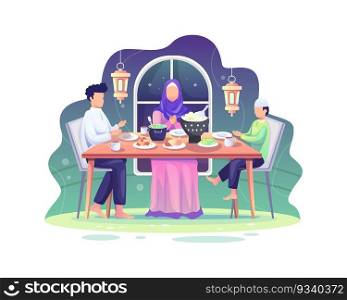 Ramadan Sahur and iftar party with Family During Ramadan Month, Eat Together With Muslim Family, Ramadan Fasting vector Illustration