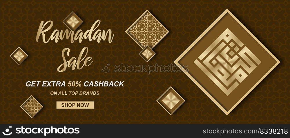 Ramadan sale. Web header or banner design with golden ramadan kareem calligraphy. Vector illustration