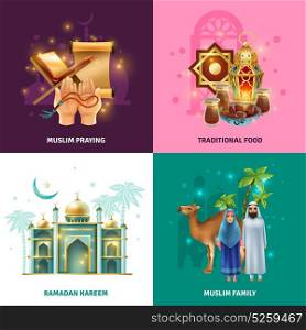 Ramadan Traditions Concept 4 Icons Square. Ramadan holy month islamic family traditions 4 colorful background icons square with symbols prayer food isolated vector illustration