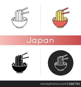 Ramen icon. Instant noodles in bowl with chopsticks. Traditional japanese soba. Asian cuisine dish. Chinese culinary meal. Linear black and RGB color styles. Isolated vector illustrations. Ramen icon