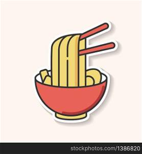Ramen patch. Instant noodles in bowl with chopsticks. Traditional japanese soba. Asian cuisine dish. Chinese culinary meal. RGB color printable sticker. Vector isolated illustration. Ramen patch. Instant noodles in bowl with chopsticks