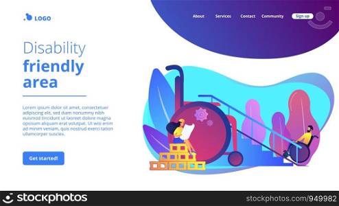 Ramp for people in wheelchairs, disabled care. Accessible environment designing, freedom of movement, disability friendly area concept. Website homepage landing web page template.. Accessible environment designing concept landing page