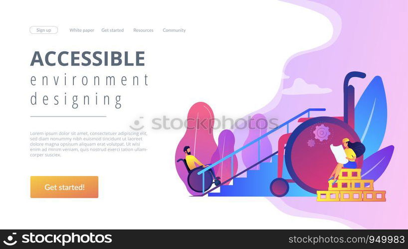 Ramp for people in wheelchairs, disabled care. Accessible environment designing, freedom of movement, disability friendly area concept. Website homepage landing web page template.. Accessible environment designing concept landing page