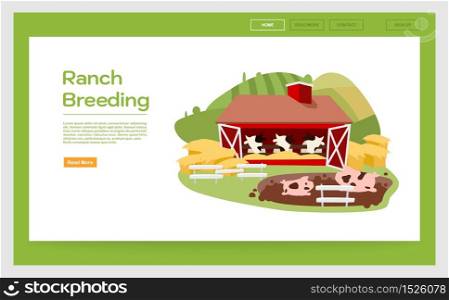 Ranch breeding landing page vector template. Livestock & cattle farming website interface idea with flat illustrations. Dairy farm, meat production homepage layout. Web banner, webpage cartoon concept