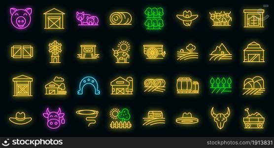 Ranch icons set. Outline set of ranch vector icons neon color on black. Ranch icons set vector neon