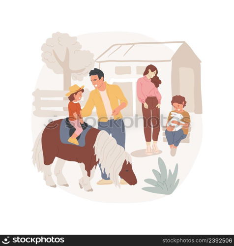 Ranch isolated cartoon vector illustration Family visiting ranch, kid riding pony, sitting on a horse, wearing cowboy hat, dairy farm field trip, having fun at countryside vector cartoon.. Ranch isolated cartoon vector illustration