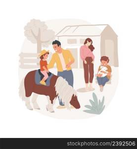 Ranch isolated cartoon vector illustration Family visiting ranch, kid riding pony, sitting on a horse, wearing cowboy hat, dairy farm field trip, having fun at countryside vector cartoon.. Ranch isolated cartoon vector illustration