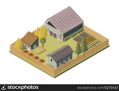 Ranch Isometric Layout. Ranch isometric layout with barn and sheds stacks of hay garden beds and wooden fence vector illustration