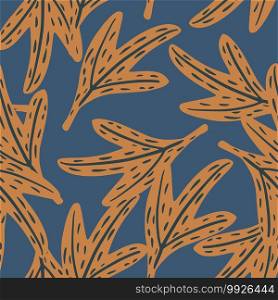 Random abstract botanic seamless pattern with orange leaf simple ornament. Blue background. Great for fabric design, textile print, wrapping, cover. Vector illustration.. Random abstract botanic seamless pattern with orange leaf simple ornament. Blue background.