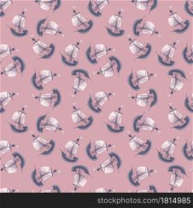 Random abstract sailboat ship ornament seamless doodle pattern. Pastel lilac background. Simple style. Designed for fabric design, textile print, wrapping, cover. Vector illustration.. Random abstract sailboat ship ornament seamless doodle pattern. Pastel lilac background. Simple style.