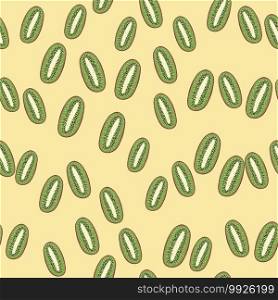 Random abstract seamless food pattern with kiwi organic green elements. Light orange background. Designed for fabric design, textile print, wrapping, cover. Vector illustration.. Random abstract seamless food pattern with kiwi organic green elements. Light orange background.