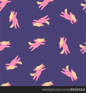 Random abstract seamless pattern with magic unicorn pink shapes. Purple background. Decorative backdrop for fabric design, textile print, wrapping, cover. Vector illustration. Random abstract seamless pattern with magic unicorn pink shapes. Purple background.