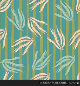 Random abstract seaweeds seamless pattern on stripe background. Underwater foliage backdrop. Marine plants wallpaper. Design for fabric, textile print, wrapping, cover. Vector illustration.. Random abstract seaweeds seamless pattern on stripe background.
