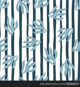 Random bright seamless pattern with blue vintage leaves silhouettes. Striped white and navy blue background. Designed for fabric design, textile print, wrapping, cover. Vector illustration. Random bright seamless pattern with blue vintage leaves silhouettes. Striped white and navy blue background.