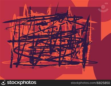 Random brushed lines red color. Vector illustration. Grunge chaotic wrapping brushstrokes. Intersect scattered painted abstract background