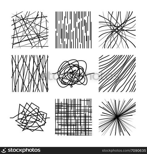Random chaotic asymmetrical lines. Abstract modern linear vector patterns set. Illustration of line, graphic curve irregular structure. Random chaotic asymmetrical lines. Abstract modern linear vector patterns set