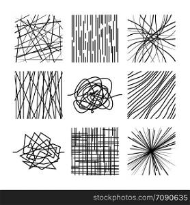 Random chaotic asymmetrical lines. Abstract modern linear vector patterns set. Illustration of line, graphic curve irregular structure. Random chaotic asymmetrical lines. Abstract modern linear vector patterns set