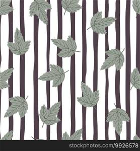 Random contrast seamless pattern with grey little leaf silhouettes. Striped background. Perfect for fabric design, textile print, wrapping, cover. Vector illustration.. Random contrast seamless pattern with grey little leaf silhouettes. Striped background.