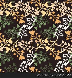Random dark seamless pattern with flower branches. Black background and orange,green and blue colored botanic ornament. Great for wrapping paper, textile, fabric print and wallpaper. Vector. Random dark seamless pattern with flower branches. Black background and orange,green and blue colored botanic ornament.