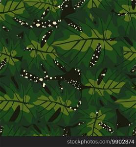Random dark seamless pattern with green monstera foliage print. Black background with splashes. Decorative backdrop for fabric design, textile print, wrapping, cover. Vector illustration. Random dark seamless pattern with green monstera foliage print. Black background with splashes.