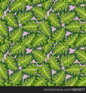 Random decorative green monstera leaves seamless pattern. Lilac background. Palm print. Decorative backdrop for fabric design, textile print, wrapping, cover. Vector illustration.. Random decorative green monstera leaves seamless pattern. Lilac background. Palm print.