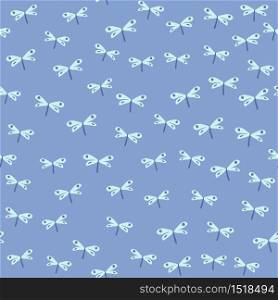 Random dragonfly seamless pattern on blue background. Cute dragonflies wallpaper. Decorative backdrop for fabric design, textile print, wrapping, cover. Doodle vector illustration. Random dragonfly seamless pattern on blue background. Cute dragonflies wallpaper.