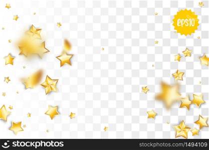 Random falling golden star glitter transparent sparkle background. Christmas banner, New Year greeting, invitation, postcard. Shimmer vector illustration.