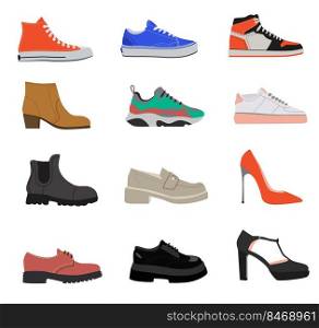 Random female shoes flat vector illustrations set. Summer, autumn and winter foot wear for women, moccasins, boots, trainers, heels isolated on white background. Footwear, shoe shop, fashion concept