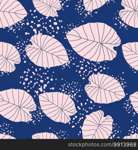 Random foliage leaves seamless pattern. Pink contoured leaves on navy blue background with splashes. Designed for wallpaper, textile, wrapping paper, fabric print. Vector illustration.. Random foliage leaves seamless pattern. Pink contoured leaves on navy blue background with splashes.