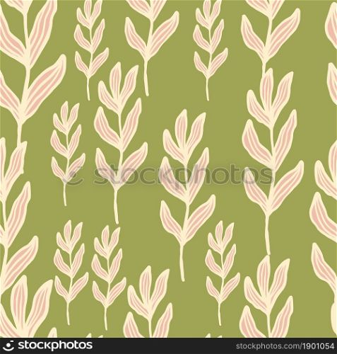 Random forest outline branch with leaves seamless pattern . Abstract foliage backdrop. Nature wallpaper. For fabric design, textile print, wrapping, cover. Vector illustration.. Random forest outline branch with leaves seamless pattern .
