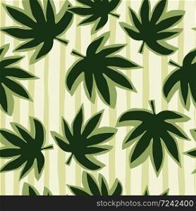 Random green cannabis leaves seamless pattern. White stripped background. Decorative backdrop for fabric design, textile print, wrapping, cover. Vector illustration.. Random green cannabis leaves seamless pattern. White stripped background.