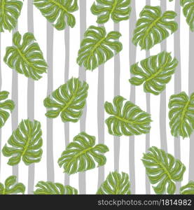 Random green monstera leaves tropical seamless doodle pattern. White and purple striped background. Decorative backdrop for fabric design, textile print, wrapping, cover. Vector illustration.. Random green monstera leaves tropical seamless doodle pattern. White and purple striped background.