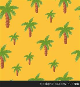 Random green palm tree elements seamless doodle pattern. Orange background. Minimalistic style. Designed for fabric design, textile print, wrapping, cover. Vector illustration.. Random green palm tree elements seamless doodle pattern. Orange background. Minimalistic style.