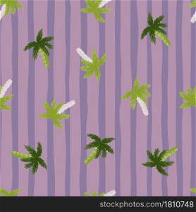 Random green palm tree silhouettes tropical seamless pattern. Purple striped background. Designed for fabric design, textile print, wrapping, cover. Vector illustration.. Random green palm tree silhouettes tropical seamless pattern. Purple striped background.