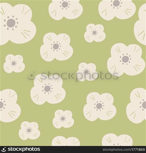 Random grey shildish daisy silhouettes seamless pattern. Pastel green background. Vintage style print. Great for fabric design, textile print, wrapping, cover. Vector illustration.. Random grey shildish daisy silhouettes seamless pattern. Pastel green background. Vintage style print.