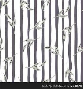 Random grey simple leaf branches seamless pattern. Grey and white striped background. Doodle style. Perfect for fabric design, textile print, wrapping, cover. Vector illustration.. Random grey simple leaf branches seamless pattern. Grey and white striped background. Doodle style.