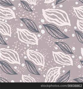 Random leaves outline figures seamless pattern. White and soft purple botanic ornament on light purple background with dots and splashes. For wallpaper, textile, wrapping paper, fabric print.. Random leaves outline figures seamless pattern. White and soft purple botanic ornament on light purple background with dots and splashes.