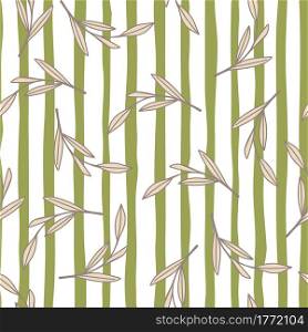 Random lilac outline leaves seamless pattern in nature simple style. White and green striped background. Perfect for fabric design, textile print, wrapping, cover. Vector illustration.. Random lilac outline leaves seamless pattern in nature simple style. White and green striped background.