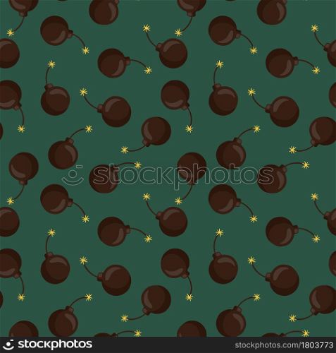 Random little brown bombs silhouttes seamless pattern. Green-turquoise background. Simple style. Perfect for fabric design, textile print, wrapping, cover. Vector illustration.. Random little brown bombs silhouttes seamless pattern. Green-turquoise background. Simple style.