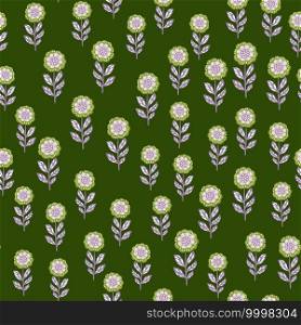 Random little flowers folk elements seamless doodle pattern. Green olive background. Simple design. Great for fabric design, textile print, wrapping, cover. Vector illustration.. Random little flowers folk elements seamless doodle pattern. Green olive background. Simple design.