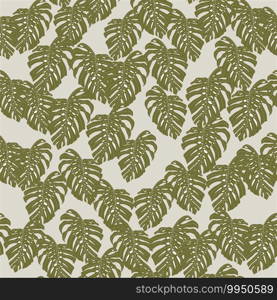 Random little monstera green pale silhouettes seamless pattern. Grey background. Decorative backdrop for wallpaper, textile, wrapping paper, fabric print. Vector illustration.. Random little monstera green pale silhouettes seamless pattern. Grey background.