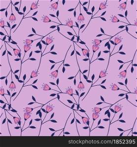 Random little wildflower seamless pattern on lilac background. Abstract botanical design. Elegant floral ornament. Nature wallpaper. For fabric, textile print, wrapping, cover. Vector illustration. Random little wildflower seamless pattern on lilac background.