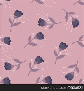 Random located folk flower figures in navy color seamless pattern. Light lilac background. Perfect for wallpaper, textile, wrapping paper, fabric print. Vector illustration.. Random located folk flower figures in navy color seamless pattern. Light lilac background.