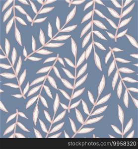 Random nature doodle seamless pattern with leaf branches ornament. Pastel navy blue background. Simple design. Designed for fabric design, textile print, wrapping, cover. Vector illustration. Random nature doodle seamless pattern with leaf branches ornament. Pastel navy blue background. Simple design.