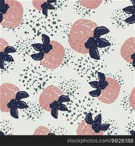 Random pale seamless pattern with persimmons. Pink and navy blue colored fruits on grey background with splashes. Great for fabric design, textile print, wrapping, cover. Vector illustration.. Random pale seamless pattern with persimmons. Pink and navy blue colored fruits on grey background with splashes.
