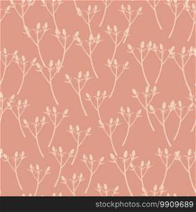 Random pale seamless thorn branches pattern. Botanic style with light ornament and soft pink backround. Designed for wallpaper, textile, wrapping paper, fabric print. Vector illustration.. Random pale seamless thorn branches pattern. Botanic style with light ornament and soft pink backround.