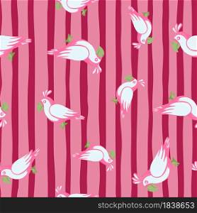Random parrot bird ornament seamless doodle pattern. Pink striped background. Simple funny style. Designed for fabric design, textile print, wrapping, cover. Vector illustration.. Random parrot bird ornament seamless doodle pattern. Pink striped background. Simple funny style.