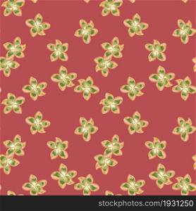Random plumeria flower seamless pattern on red background. Exotic tropical wallpaper. Abstract botanical backdrop. Design for fabric , textile print, wrapping, cover. Vector illustration.. Random plumeria flower seamless pattern on red background.