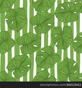 Random seamless botanic pattern with green outline monstera leaves silhouettes. White and green striped background. Backdrop for fabric design, textile print, wrapping, cover. Vector illustration. Random seamless botanic pattern with green outline monstera leaves silhouettes. White and green striped background.