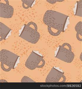 Random seamless cartoon pattern with flat hot chocolate with marshmallow silhouettes. Beige background with splashes. Great for fabric design, textile print, wrapping, cover. Vector illustration. Random seamless cartoon pattern with flat hot chocolate with marshmallow silhouettes. Beige background with splashes.